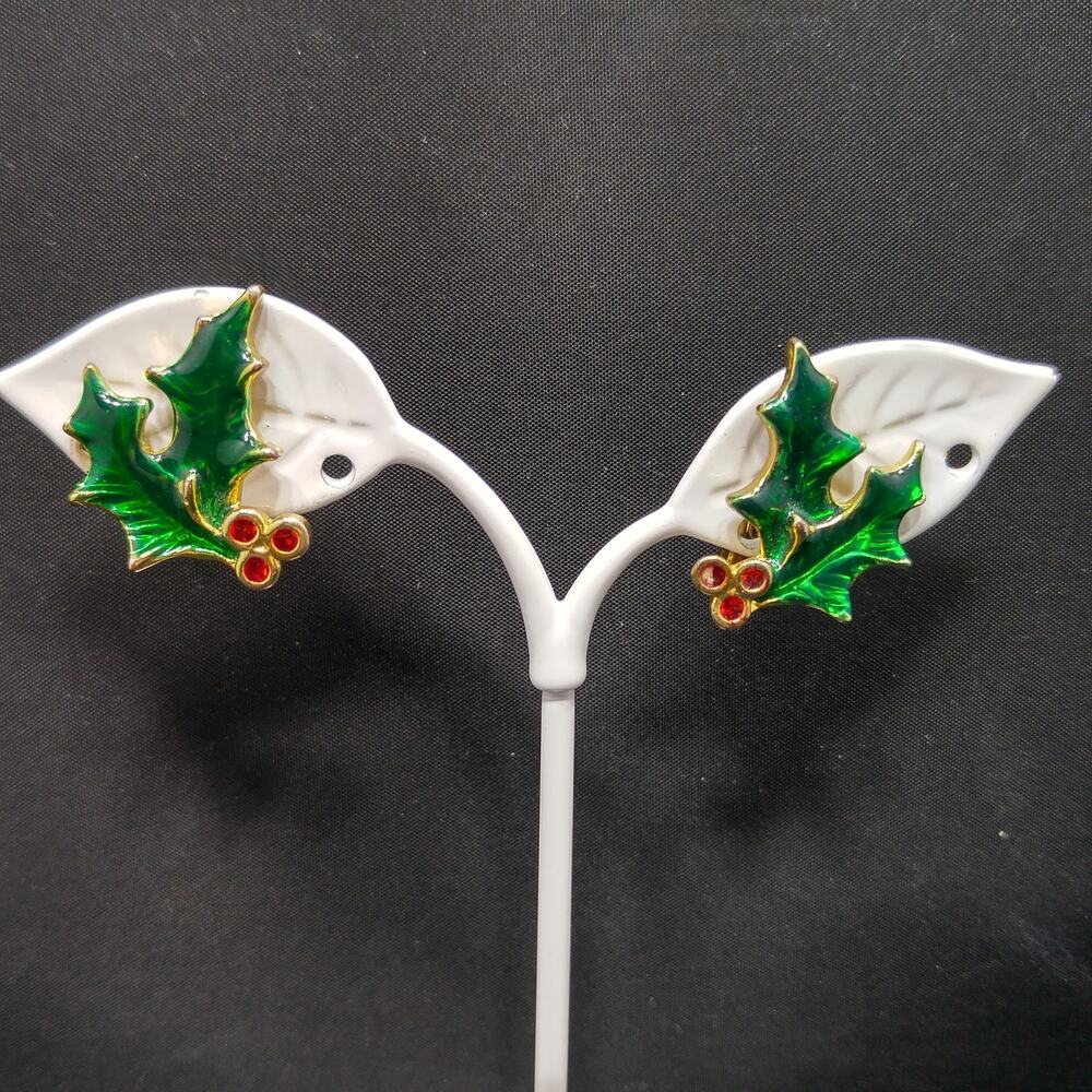 Vintage Christmas Clip Earrings, Enamel Holly Leaves, 1970s Jewelry